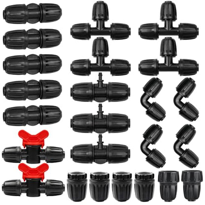 24 Pcs 1/2 Inch Drip Irrigation Fittings Kit, 1/2 Inch Drip Tubing (0.60"-0.65" OD) Parts Including 4 Tees 5 Couplings 4 Elbows 4 Reducing T 4 Plugs 2 Valves 2 Threaded Faucet Adapter - size: 1/2 inch Fittings
