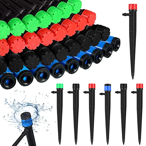 Mudder 100 Pcs 5.2 Inches Drip Irrigation Emitters for 1/4 Inch Drip Irrigation Tubing 360 Degree Adjustable with Arrow Stake Fan Sprayer for Garden Watering System