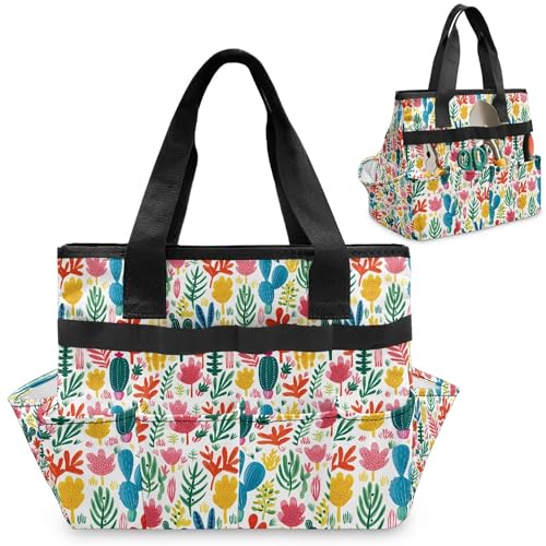 Garden Tool Bag Caddy Gardening Basket Tote Bingo Storage Home Organizer With Multi-Pocket Wear-resistant & Reusable 13 Inch Beautiful Pattern Handles Large Capacity (Cute cactus)