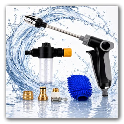 2026 Upgraded High Pressure Jet Nozzle Power Washer for Garden Hose, Water Jet Sprayer Wand with Foam Bottle, 3 Connectors and Chenille Wash Mitt for Car Washing, Patio, Lawn, Garden