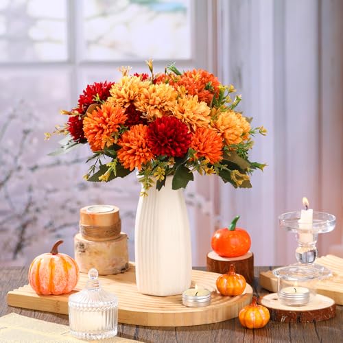 XunYee 12 Pcs Fall Artificial Flowers for Outdoor Faux Mums,Burnt Orange - color: Burnt