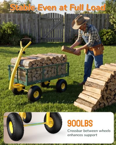 Firstness 900lbs Metal Garden Wagon Cart Large Garden Cart on Wheels, Green - color: Green, size: Updated 900 Lbs
