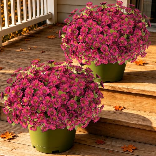 12 PCS Artificial Mums for Outdoors, UV Resistant Fake Fall Flowers - color: Burgundy