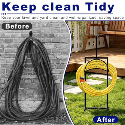 Hose Holder with Double-Ear Hooks and Free Gardening Gloves, Garden Hose Holder,Heavy Duty Metal Build, Hose Holders for Outside, Outside Hose Rack for Yard Lawn Patio, Black