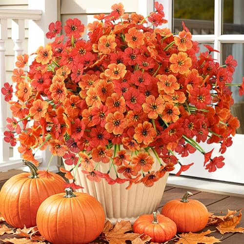 24 Bundles Artificial Mums for Outdoors Decor, UV Resistant Fall Flowers - color: Orange Mix Color, size: 24 PCS