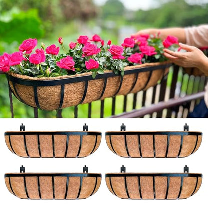 LaLaGreen Railing Planter Box (24 Inch, 4 Pack) Black Metal Rectangular Hanging Planters with Coco Liner, Flower Boxes Brackets for Deck Railings Outdoor Plants Over Rail Fence Balcony Patio Porch - size: 24" (61cm) x 4 pack