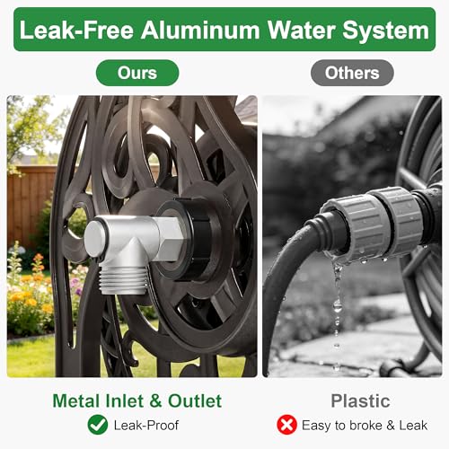 Garden Hose Reel Wall Mount Metal, Holds 125 ft x 5/8" Decorative Water Hose Holder for Outside Storage, Heavy Duty Aluminum Frame w/Shelf, No-Leak Aluminum Water System, Easy Assmbly, Dark Bronze