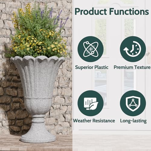 Tall Plastic Urn Planters and Pedestal - 24" Outdoor Planter Grey - color: Gray2-petal