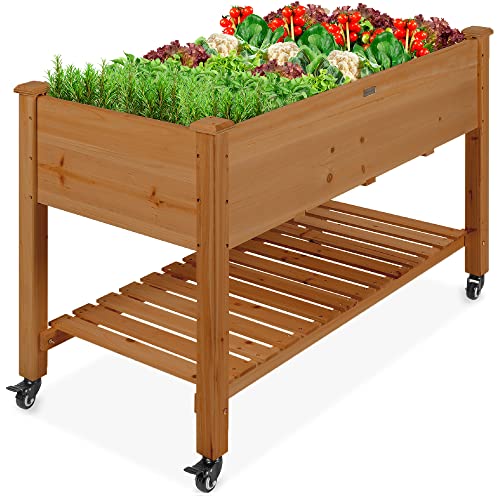 Best Choice Products Raised Garden Bed 48x24x32-inch Mobile Elevated Wood Planter w/Lockable Wheels, Storage Shelf, Protective Liner - Acorn Brown - color: Acorn Brown