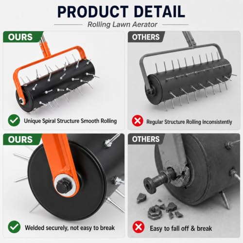 15" Rolling Lawn Aerator Grass Aerator 42 Steel Spikes Manual Aerator Tool
