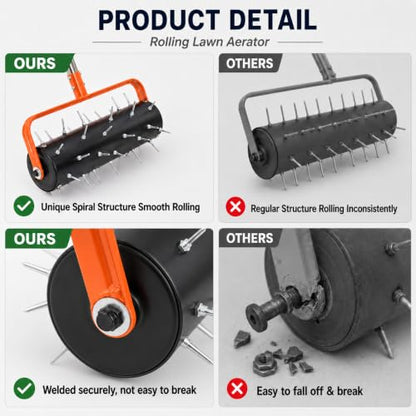 15" Rolling Lawn Aerator Grass Aerator 42 Steel Spikes Manual Aerator Tool