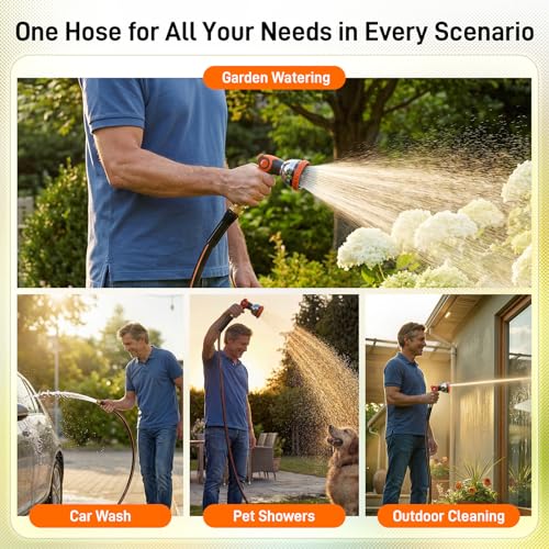 Garden Hose, 25ft 5/8" Heavy Duty Rubber Water Hose w/ 10-Mode Spray Nozzle, 550 PSI Burst, 360° Anti-Kink Swivel Connectors, All-Weather Flexible, Leakproof 3/4" Brass Male to Female Fittings - size: 25ft