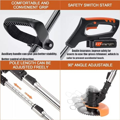 Weed Wacker Cordless, Electric Weed Eater & Lawn Edger - 21V Battery Powered Grass Trimmer 3-in-1 Stringless Grass Trimmer/Edger/Brush Cutter with 2×4.0Ah Batteries (Orange B)