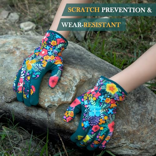 Gardening Gloves for Women, Breathable Leather Garden Gloves,Gardening Gift - color: Navy Blue - Yellow Flowers