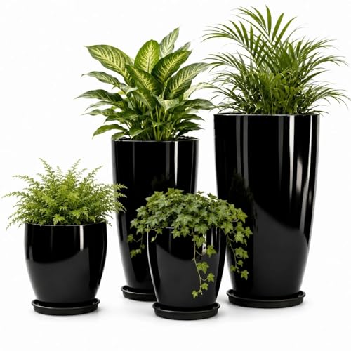 Usocik Large Outdoor Planters, Set of 4, 10/12/21/24 Inch, Glossy Black - color: Glossy Black