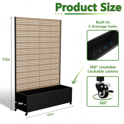 Metal Planter Box with Trellis Privacy Screen, Raised Garden Bed with Trellis & Wheels, Privacy Planters for Patio, Planter Box with Drainage Holes for Climbing Plants, Flower, 73"x 47"x 16", Wood - color: Wood Grain line, size: 73"x 47"x 16"