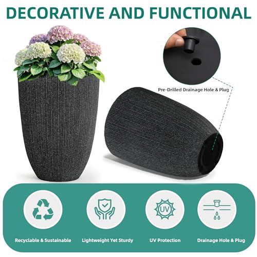 19" Black Concrete-Look Resin Tall Planters with Fluted Texture - color: 19"h-mediterranean Black
