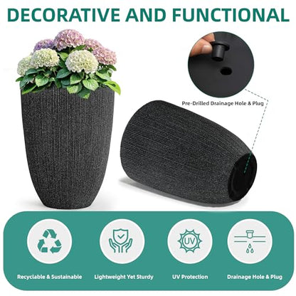 19" Black Concrete-Look Resin Tall Planters with Fluted Texture - color: 19"h-mediterranean Black