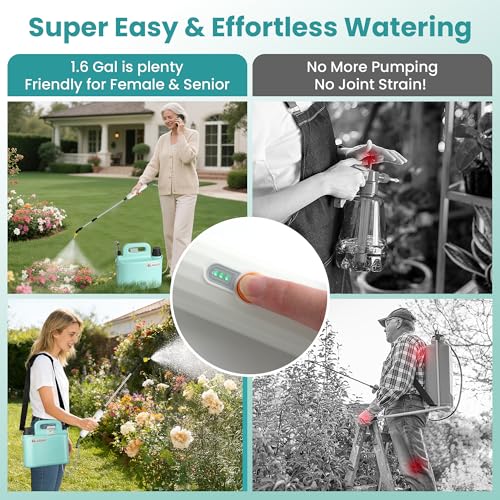 Electric Garden Sprayer 1.6 Gallon - Battery Powered Weed Sprayer Wtih 3 Nozzles, Backpack Sprayer in Lawn and Garden, Pump Sprayer for Gardening, Watering & Spring Planting