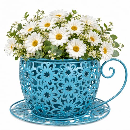 Iron Teacup Planter, Vintage Coffee Cup Flower Pot with Floral Cutout Design, Suitable for Indoor Outdoor Decoration, Ideal for Succulents Flowers, Balcony Garden Decor (Blue) - color: Blue