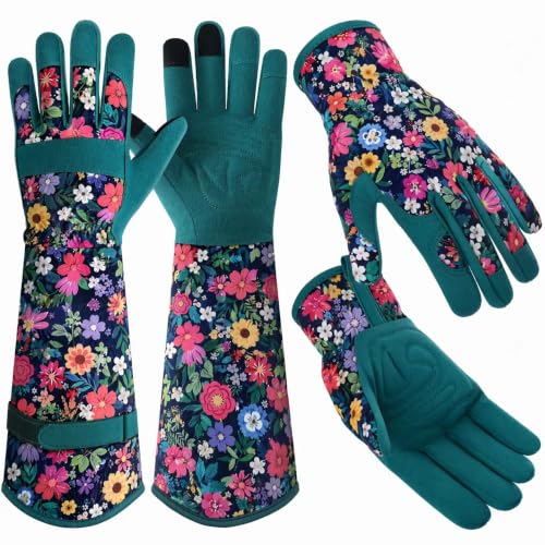 Gardening Gloves for Women, Breathable Leather Garden Gloves,Gardening Gift - color: Dark Green - Flower