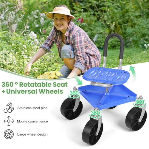 Garden Cart with Seat and Wheels, Blue - color: Blue