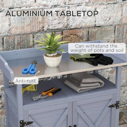 Outdoor Wooden Storage Bench with Storage Cabinet and Aluminum Table Top for Garden, Backyard, Wooden Potting Bench with Rubber Wheels for Lawn, Living Room, Balcony