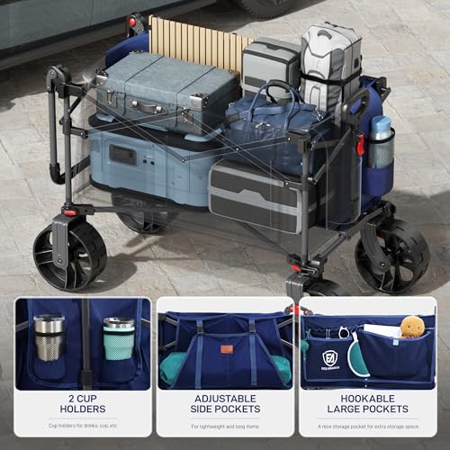 EVER ADVANCED Folding Push Wagon with Brakes, Portable Shopping Cart - color: Blue