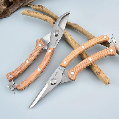 BUGUI Wood Handle Garden Shears, Long Straight Tip, All Steel Construction, Sharp, Well Designed Garden Scissors, 8" - style: 8"WoodHandleShears(E011)