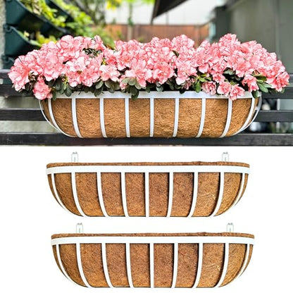 LaLaGreen Deck Railing Planter Boxes (2 Pack, 30") White Metal Rectangular Window Flower Box with Coco Liner, Large Wall Hanging Planter for Outdoor Plants Balcony Fence Deck Rail Porch Patio Garden - size: 30" (76cm) x 2 pack
