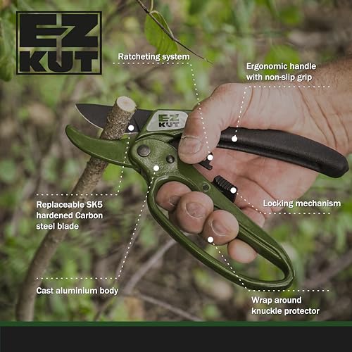 EZ Kut Heavy Duty Ratcheting Pruning Shears Green with Holster and Sharpener, Garden Hand Pruner with Ballistic Nylon Sheath, Arthritis Friendly Anvil Clippers for Thick Branches Cuts Up to 1.5 Inches - color: Gren Pack