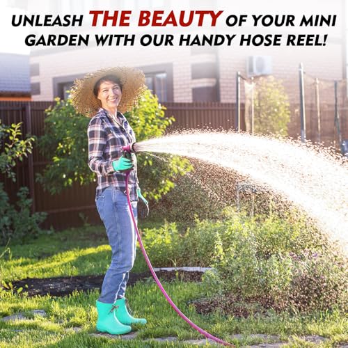 50FT Retractable Garden Hose Reel, Lightweight & Portable Hose Reel with 6 Patterns Spray Nozzle, Suitable for US Standard Hose Connection - color: Light Pink