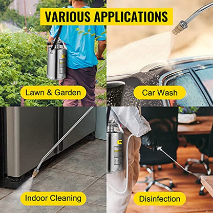 Happybuy 1.5 Gallon Stainless Steel Sprayer, 16" Wand&3.3FT Reinforced Hose, Hand Pump Sprayer with Pressure Gauge, Safety Valve&Adjustable Nozzle, Weed Sprayers for Lawn, Gardening & Sanitizing - size: 1.5 Gallon