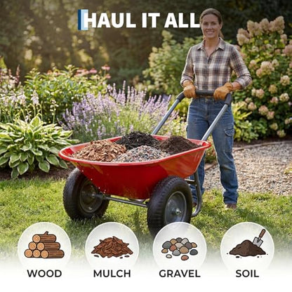 600 Lbs Garden Wheelbarrow with All Terrain 2 Wheel Wagon Cart Steel Frame - color: Red