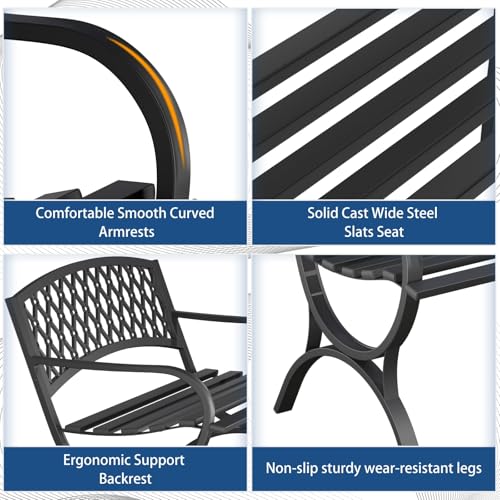 Outdoor Bench Garden Benchs, Weatherproof Anti-Rust Heavy-Duty Outside Bench Clearance, Wrought Iron Metal Bench for Front Porch, Patio, Park, Ergonomic Backrest, Slatted Seat - style: Quadrilateral