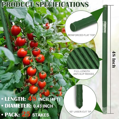 FORUP Garden Stakes, 25 Pack Steel Plant Stakes with Plastic Coating for Climbing Plants, Tomato Eggplant Bean Support, Rust-Resistant Outdoor Garden Stakes (48 Inch)