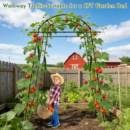 AGTEK 87" H×65" W Metal Garden Arch Trellis with Nylon Netting, 60LBS Load, Adjustable Width for Climbing Plants - size: 65"W x 87"H