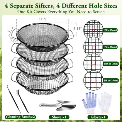 WLLEYAY 4PCS Soil Sifter for Gardening with Handle 1/4in,1/8in,5/16in,3/8in