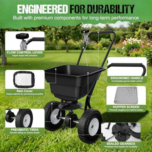 PPOLB Broadcast Spreader for Lawns, 80LB Fertilizer Spreader with 25-Level Flow Control, Walk Behind Lawn Seed & Salt Spreader, 0–10FT Coverage, Hopper Screen, Rain Cover, 12" Pneumatic Wheels - size: 80LBS