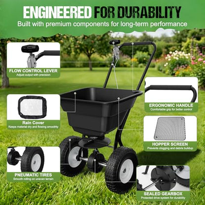PPOLB Broadcast Spreader for Lawns, 80LB Fertilizer Spreader with 25-Level Flow Control, Walk Behind Lawn Seed & Salt Spreader, 0–10FT Coverage, Hopper Screen, Rain Cover, 12" Pneumatic Wheels - size: 80LBS