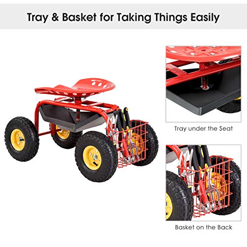 IRONMAX Garden Cart with Seat, Heavy Duty Gardening Work Stools w/Height Adjustable Seat & 10’’ Large Wheels, Rolling Garden Scooter for Outdoor Lawn Yard Planting (Red)