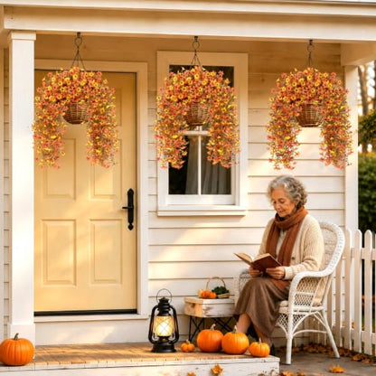6 Pcs Artificial Hanging Mums for Outdoors, UV Resistant Fake Fall Flowers - color: Yellow Orange