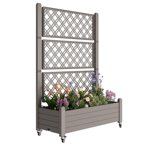 Resin Raised Garden Bed with Trellis and Wheels - Plasitc Planter Box with Trellis Outdoor with Drainage Holes & Water Monitor for Climbing Plants, Flower, Medium Gray(61.2" H) - color: Medium Gray, size: 61.2"h