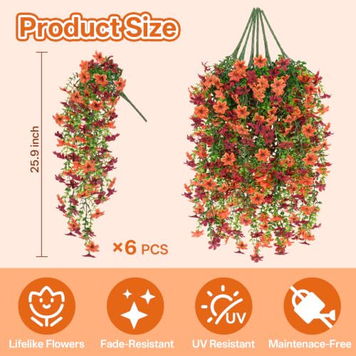 6 Pcs Artificial Hanging Mums for Outdoors, UV Resistant Fake Fall Flowers - color: Red Orange With Green Leaves