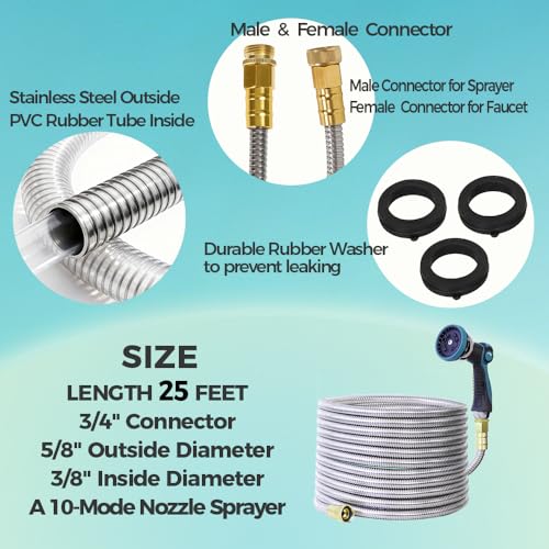 25FT Garden Hose, Stainless Steel Water Hose Flexible with a 10-Mode Nozzle Sprayer, No Kink, Lightweight, Puncture Proof, Ideal for Indoor & Outdoor Light Use, 5/8'' Outside Diameter - size: 25 feet