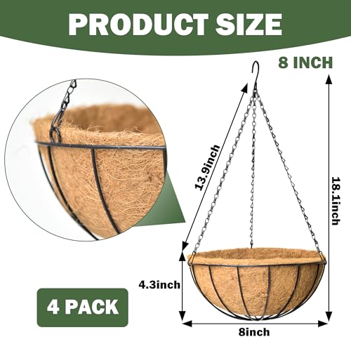 4 Pack 8 Inch Hanging Baskets for Plants Outdoor Metal Hanging Planter Basket with Coco Coir Liner Hanging Flower Baskets Hangings Flower Pots Holder for Garden, Patio(Watermelon) - size: 8 Inch, style: Garden