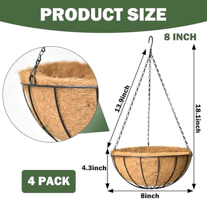4 Pack 8 Inch Hanging Baskets for Plants Outdoor Metal Hanging Planter Basket with Coco Coir Liner Hanging Flower Baskets Hangings Flower Pots Holder for Garden, Patio(Watermelon) - size: 8 Inch, style: Garden
