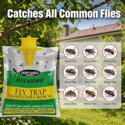 Outdoor Fly Traps 4 Pack,Hanging Fly Catcher Bags,Disposable Flies Killer for Outside Trash Areas,Horse,Ranch,Barns,Stables,Yard,Patio,Poultry Farm & Heavy Fly Control.