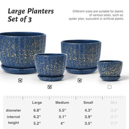 4/5/6 Inches Ceramic Plant Pots with Drainage Holes and Saucer Set of 3 - color: Blue With Dot-big Size