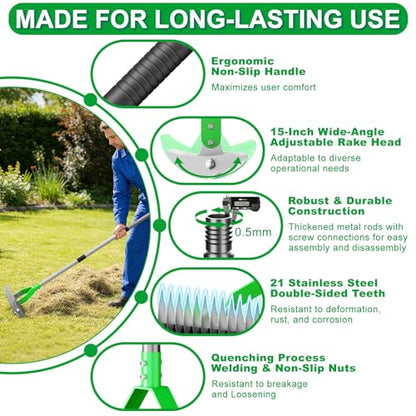 21-Tine Thatch Rake for Lawn,15" Heavy Duty Dethatcher Rake with 68" Handle - color: Green